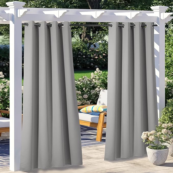 NICETOWN 2 Panels Outdoor Curtains for Patio Waterproof W52 x L108, Thermal Insulated Stainless Steel Grommet Blackout Outdoor/Indoor Curtains Privacy Protect for Landscape, Silver Grey