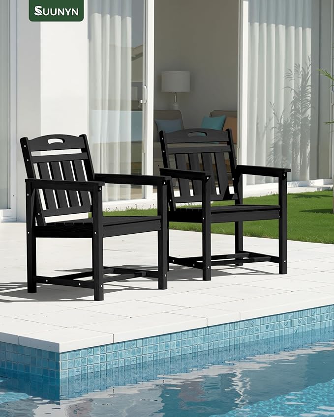 Set of 2 Weatherproof Patio Chairs - HDPE Outdoor Dining Chairs with Wide Seat, Ergonomic Design - for Garden, Backyard, Deck - Black