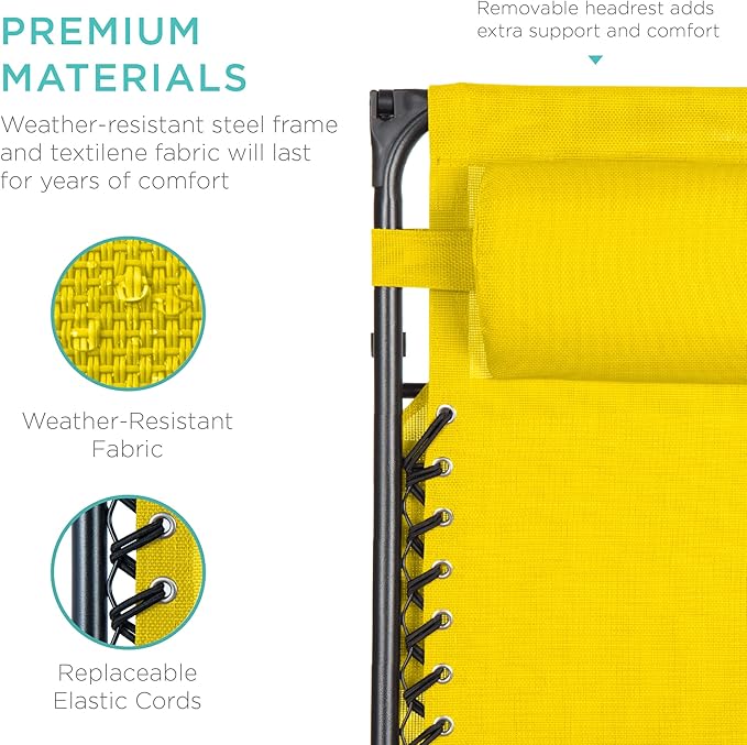 Best Choice Products Folding Zero Gravity Outdoor Recliner Patio Lounge Chair w/Adjustable Canopy Shade, Headrest, Side Accessory Tray, Textilene Mesh - Sunflower Yellow