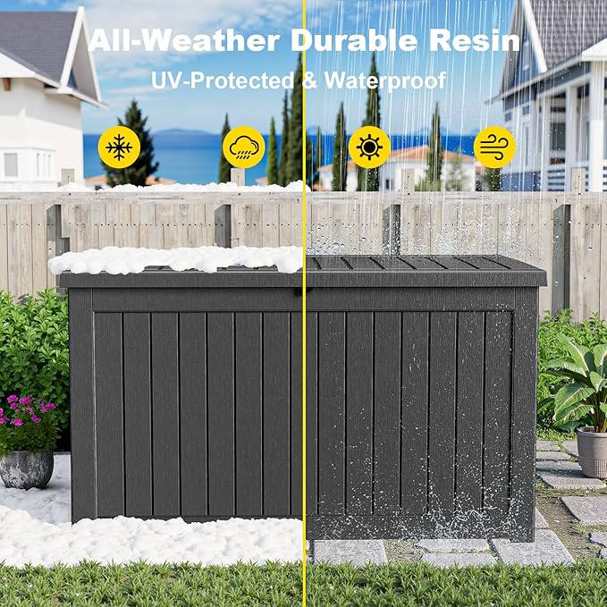 ROJIK Outdoor Storage Housing Deck Box,Waterproof Patio Furniture, Garden Tools,Cushions,Pool Accessories Storage Bench with Lockable Lid and Side Handles (Black,280 Gal)