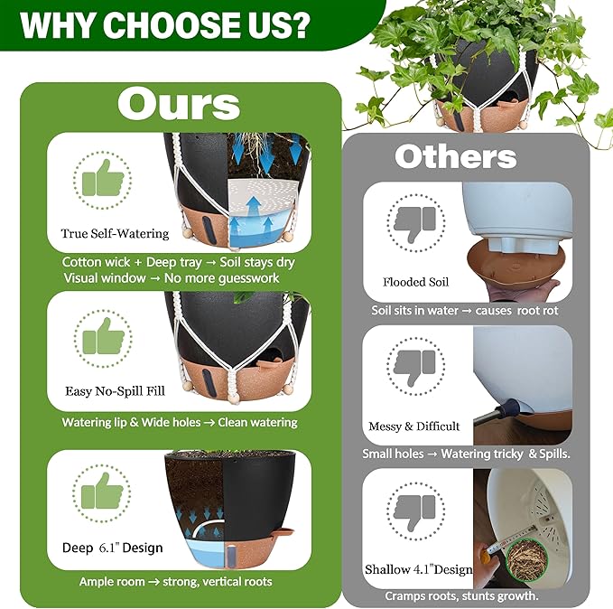 10 Inch Hanging Planters for Indoor Plants, 2 Pack Self Watering Hanging Baskets Flower Pots with Drainage Hole, Visual Reservoir & 2 Kinds of Plant Hanger for Outdoor Garden Home Decor（Black）