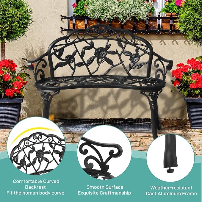 VINGLI 38.5" Patio Park Garden Outdoor Metal Rose Bench, 2-Person Cast Iron Cast Aluminium Frame Antique Finish Chair,Accented Lawn Front Porch Path Yard Decor Deck Furniture (Black, Rose)