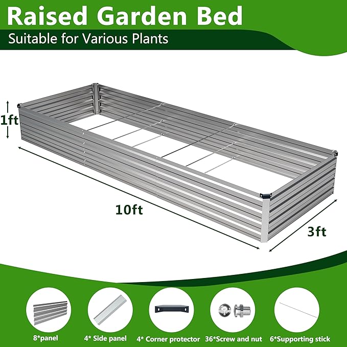 2PCS 10x3x1ft Galvanized Raised Garden Bed Kit, Galvanized Planter Raised Garden Boxes Outdoor, Large Metal Raised Garden Beds for Vegetables,Silver