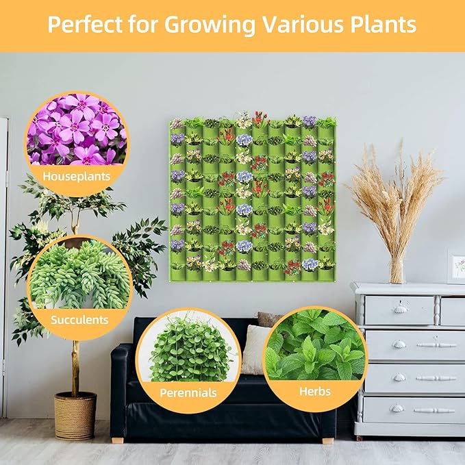 Hanging Planting Grow Bags, 90 Pockets Hanging Vertical Wall Planter Wall Mounted Grow Bag Outdoor Indoor Gardening Vertical Greening Flower Container, Planting Bags Storage Bags(1.1 m × 1.1 m, Green)