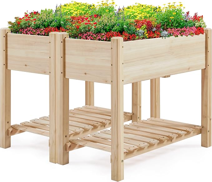 Yaheetech 34x18x30in Horticulture Raised Garden Bed 2pcs Planter Box with Legs & Storage Shelf Wooden Elevated Vegetable Growing Bed for Flower/Herb/Patio/Balcony, Natural Wood