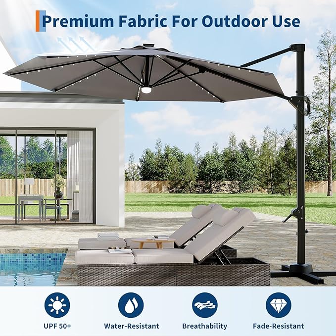 Garvee 10 ft Cantilever Patio Umbrella with Solar Lights, 360° Rotation Offset Umbrella, Easy Crank & Tilt Adjustment, UV Protection for Backyard, Poolside, Deck -Gray