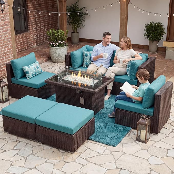 NICESOUL 7 Piece Patio Furniture Set with Natural Gas/Propane Firepit, 29.3'' High Back Comfy Outdoor Conversation Sofa Sets, Deep Seat Sectional Couch for Heavy Weight, Brown Rattan and Teal Cushion