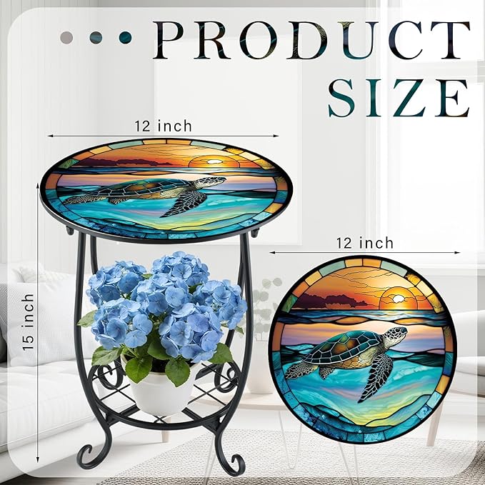 Outdoor Side Table Round Small Mosaic Patio Accent Indoor End Plant Coffee Tea Table for Yard Patio Porch Garden Living Room, Bedroom(Turtle Style,12 Inch)