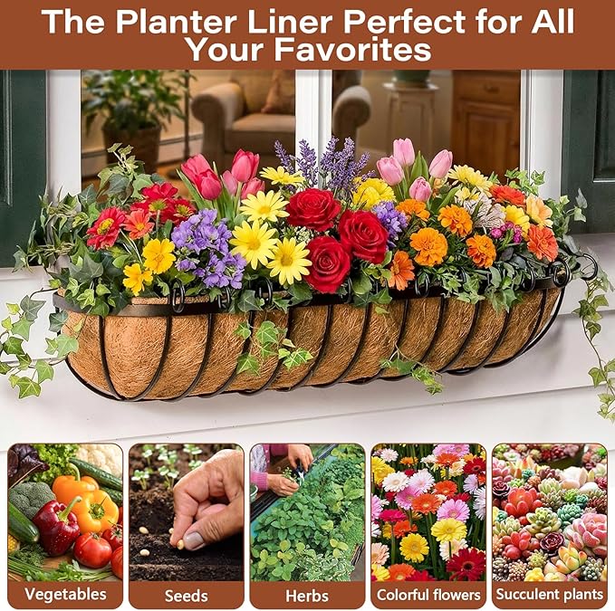 Legigo 4PCS 36 Inch Natural Trough Coco Coir Liners Planters Replacement, Pre-Formed Window Basket Coconut Coir Fiber Liner for Garden Window Flower Box Pots, Fence Trough Planter, Wall Planter Basket