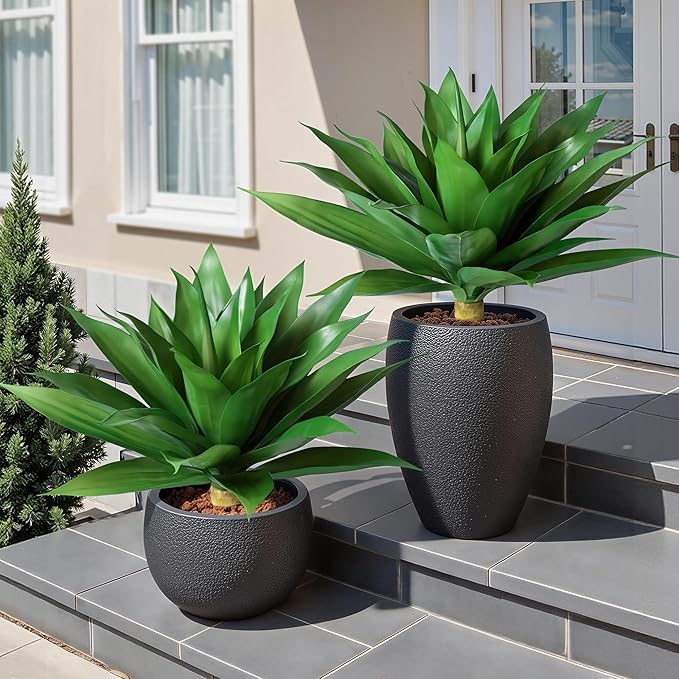 Ivydale Outdoor Faux Plants, 2 PCS 28" Artificial Agave Plant for Outdoors Outside Decoration, Large Fake Plants Realistic Greenery UV Resistant for Planter Porch Patio Yard Garden Indoor(Green)
