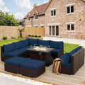 NICESOUL 10 Piece Outdoor Couch Set with Fire Pit Natural Gas/Propane, 29.3'' High Backrest Comfy Sectional Patio Furniture, Large Wide Seating Sofa for Outside, Brown Rattan and Navy Blue Cushion