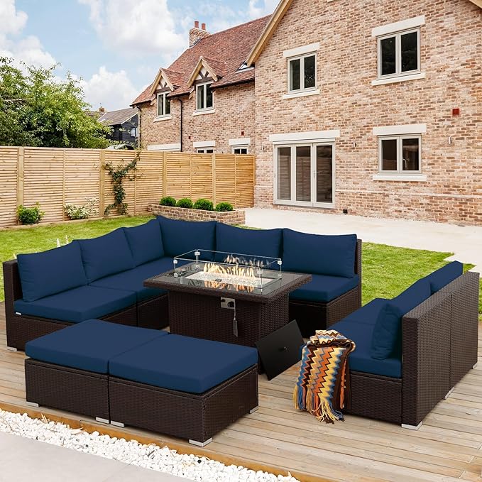 NICESOUL 10 Piece Outdoor Couch Set with Fire Pit Natural Gas/Propane, 29.3'' High Backrest Comfy Sectional Patio Furniture, Large Wide Seating Sofa for Outside, Brown Rattan and Navy Blue Cushion