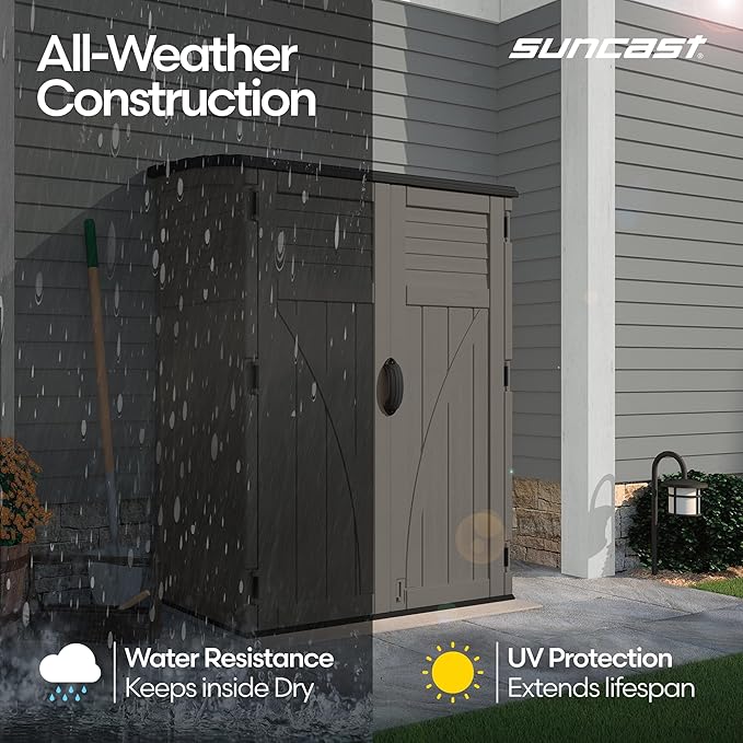 Suncast Outdoor Storage Cabinet Waterproof Resin Vertical Outdoor Storage Shed (54 cu. ft.) for Patio, Garden Tools, Cushions, & Equipment. Weatherproof Plastic Multi-Wall Design, Capacity Made in USA