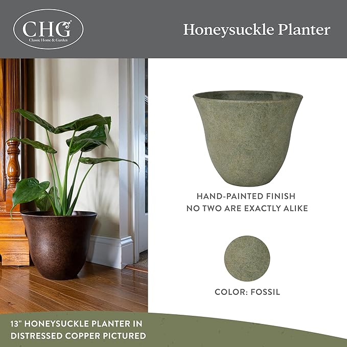 Classic Home and Garden Honeysuckle Resin Planters - Lightweight Indoor & Outdoor Plant Pots - UV-Resistant Plastic Flower Pots - Pot Planters for Flowers & Herbs (15" Fossil)