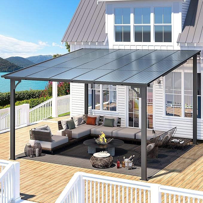 AECOJOY 12' x 12' Gazebo Outdoor Pergola for Patio, Large Wall-Mounted Hard Top Lean to Metal Gazebo Shelter Pergolas and Gazebos Clearance with Patio Roof, Heavy Duty Awnings for Backyard, Decks