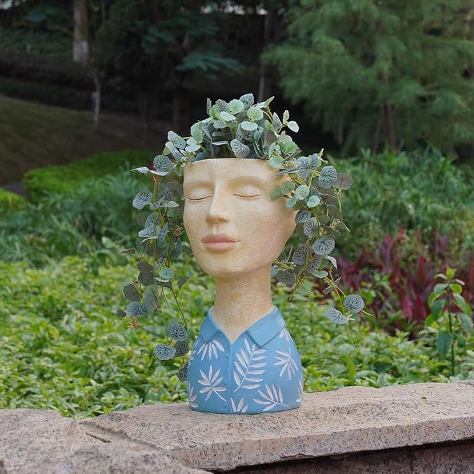 DiliComing Face Planter Pot Head Planter - Resin Blue Boy Head Planters for Indoor Outdoor Plants Decorative Flower Pot for Garden Home Office Bust Sculpture Plant Stand 5x6x10.5 Inch