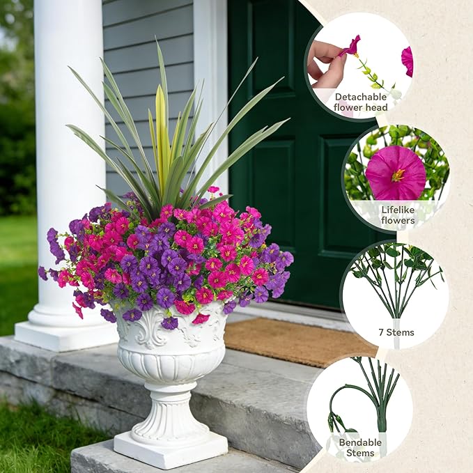 Artificial Flowers for Outdoors Fake Plants Outside, 12 Bundles Silk Morning Glory with Eucalyptus + Orchid Leaf UV Resistant Realistic Faux Flowers for Porch Planter Garden Patio (Purple Fuchsia)