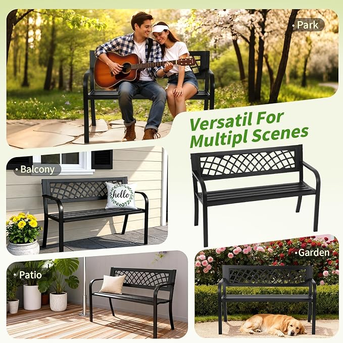 Garden Bench,Outdoor Benches,Iron Steel Frame Patio Bench with Mesh Pattern and Plastic Backrest Armrests for Lawn Yard Porch Work Entryway,Black