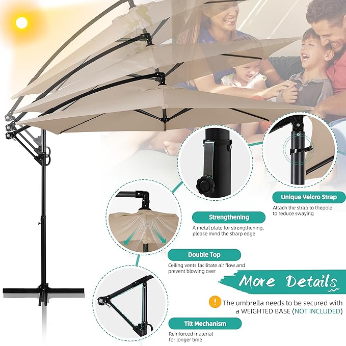 Shintenchi Patio Offset Umbrella with Easy Tilt Adjustment,Crank and Cross Base, Outdoor Cantilever Hanging Umbrella, Sunshade Free Standing Canopy, Khaki