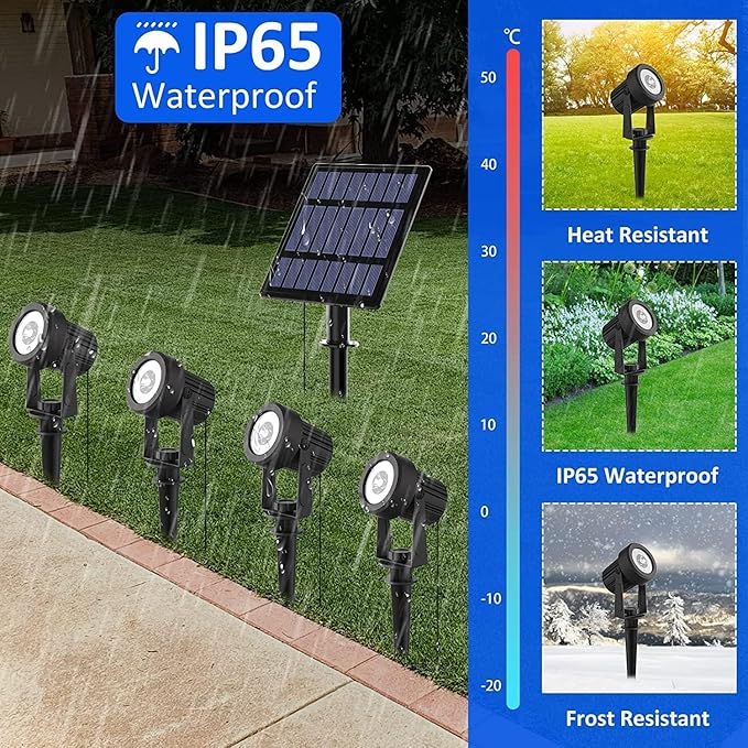 T-SUNUS Christmas Solar Garden Spotlight White Outdoor, 4-in-1 Spot Lights 6000K IP65 Waterproof 9.8ft Cable 5W Separated Panel, Auto On/Off Spotlights for Tree Yard Driveway Pathway Pond Halloween