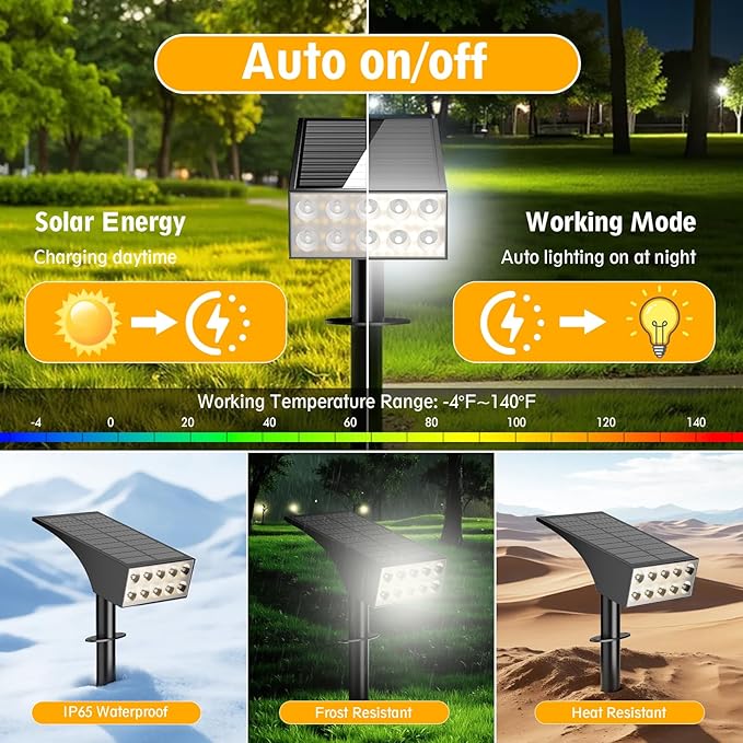 Solar Lights Outdoor Waterproof Ip68,2pack 4 Lighting Modes Solar Spot Lights Outdoor Auto On/Off Led Bulbs,Outdoor Solar Light Landscape Lighting for Garden, Yard, Pathway, House,Lawn,Tree