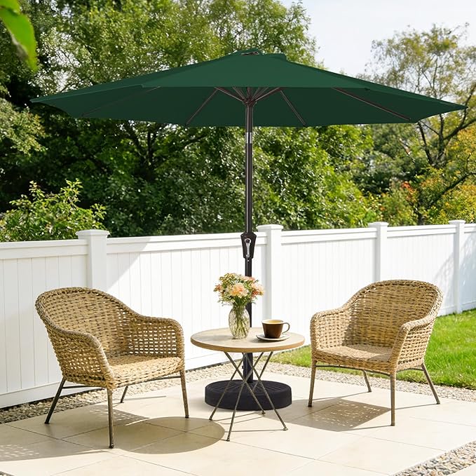 MEWAY 9ft Patio Umbrella Outdoor Table Umbrellas with Push Button Tilt and Crank, Market Umbrella 8 Sturdy Ribs for Deck, Garden, Pool and Backyard, Dark Green