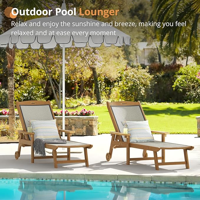 LUE BONA Chaise Lounge Chair Outdoor Set of 2, HDPS and HDPE Wicker Material, Patio Lounge Chair with Adjustable Backrest, Resin Pool Lounge Chairs with Wheels for Backyard, Poolside and Deck