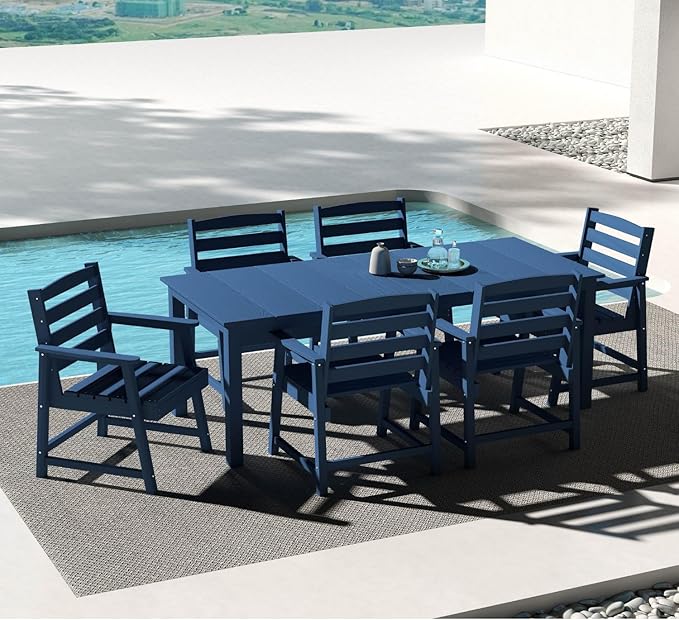 5-Piece Navy Blue Outdoor Dining Set with White 11FT Large Patio Umbrella, 75.2'' HDPE Table & Chairs for 8, Weather-Resistant Furniture with Umbrella Hole for Patio, Lawn, Poolside