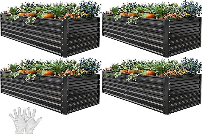 YITAHOME 6x3x2 ft 4pcs Galvanized Raised Garden Bed Kit, Large Metal Planter Box with Gloves & Support Rod, Outdoor Flower Bed for Plants Vegetables, Black