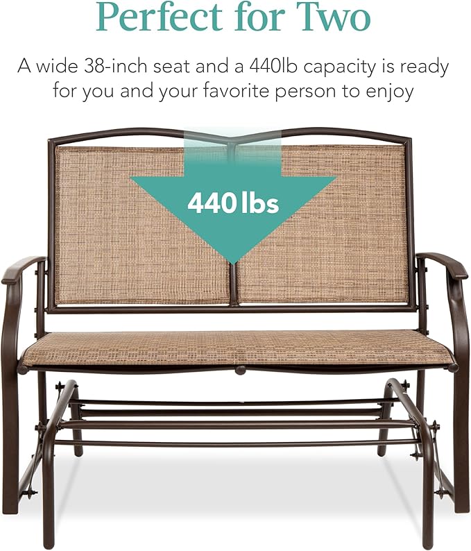 Best Choice Products 2-Person Outdoor Patio Swing Glider Steel Bench Loveseat Rocker for Deck, Porch w/Textilene Fabric, Steel Frame - Brown