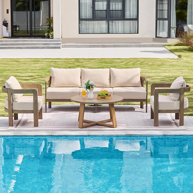 Patio Furniture Set, 4 Pieces Outdoor Furniture Patio Conversation Set with Washable Thick Cushions, Outdoor Couch Patio Sofa Set for Balcony, Porch, Backyard, Beige