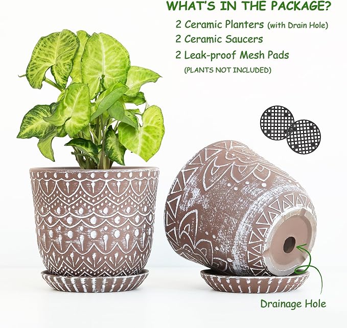 Gepege Ceramic Planter, 6 Inch Plant Pot with Drainage Holes and Saucers for Indoor Plants, Birthday for Women Mom