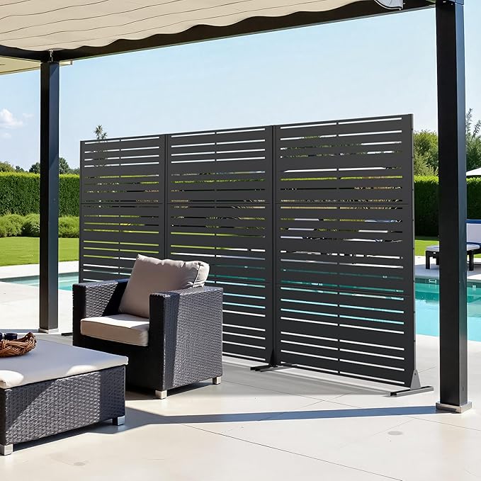 Casaphoria Metal Privacy Screen Outdoor, 72" H x 47" W Freestanding Decorative Privacy Screen for Patio Deck Balcony Garden with Stable Base, Black-Benjamin