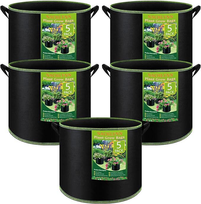NACHLYNN 5-Pack 15 Gallon Grow Bags Thickened Nonwoven Fabric Pots Heavy Duty Aeration Fabric Pots with Handles Plant for Gardening Fruits Flowers Plant