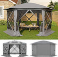 11.5x11.5FT 6-Sided Pop Up Gazebo Tent，One-Push Setup Canopy Tent with Mesh Panels & Removable Wind Cloths, Outdoor shelter for Camping, Backyard Parties, Outdoor Events - Grey