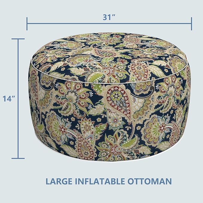 LVTXIII Outdoor Inflatable Ottoman, Fade-Resistant Round Footrest Stool D31”x H14”, Portable Patio Pouf for Garden Camping or Home Use, Paisley Sapphire Blue