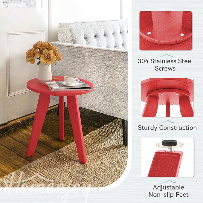 HDPS Outdoor Side Table, Small Round Side Table Weather-Resistant, Outdoor Side Tables for Patio, Porch, Deck, End Table for Plant Stand, Living Room, Bedroom, Red