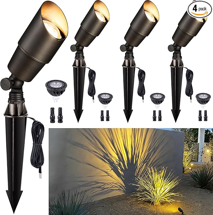 Gardenreet Brass Landscape Lighting - Outdoor Low Voltage Spotlights LED, 12V Wired Uplights, Waterproof Spot Lights, Antique Bronze for Outside Trees with 5W 2700K Warm White MR16 Bulb (4 Pack)