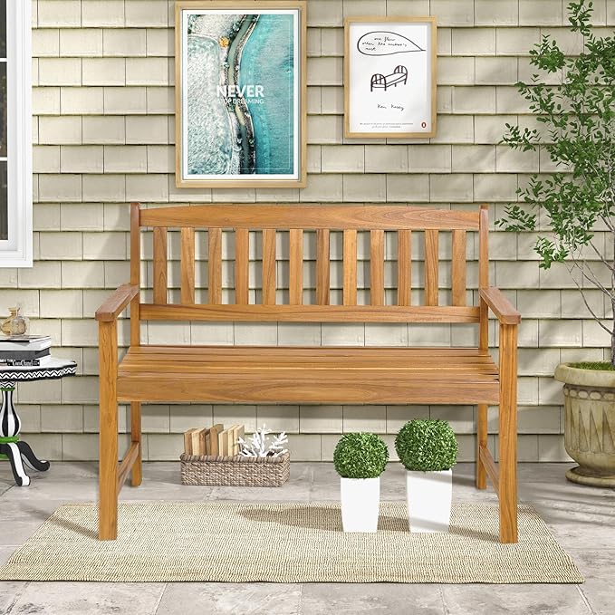 Tangkula Outdoor Acacia Wood Bench, 2-Person Garden Bench with Backrest and Armrests, Garden Bench with Slatted Seat for Porch, Park, Backyard, 800 Lbs Max Load, 43” L x 22” W x 34” H, Natural