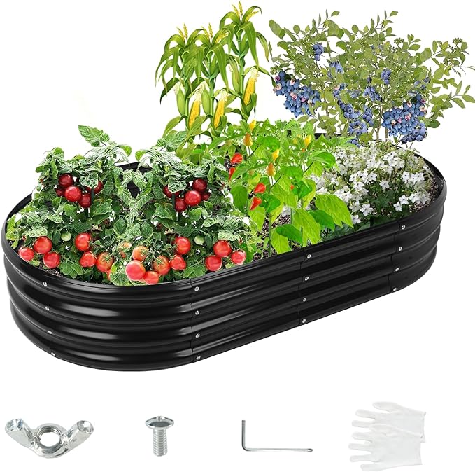5X2.7X1 FT Oval Galvanized Metal Garden Raised Bed/Plant Box for Planting,32 Inches Diameter Iron Fire Pit Ring,Small Animal Fence-3 in 1 Modular Design in Black (Black, 60X32X11.5 Inches)