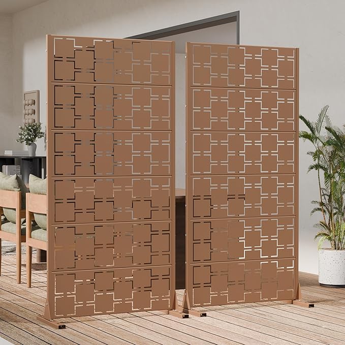 Casaphoria Metal Privacy Screen Outdoor, 60" H x 30" W Freestanding Decorative Privacy Screen for Patio Deck Balcony Garden with Stable Base, Brown-Square