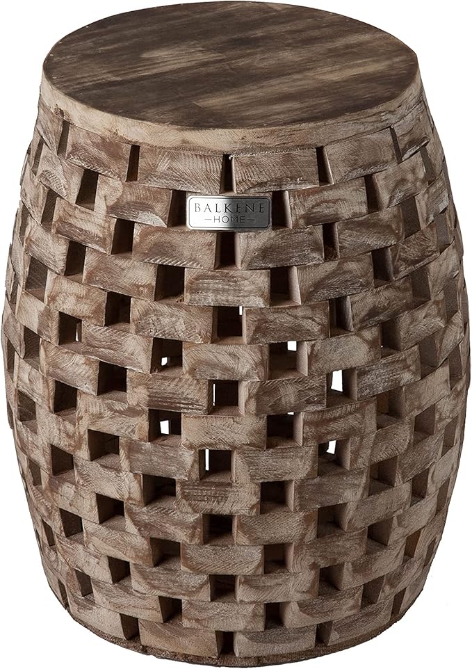 Balkene Home 62419 Maya Oval Rustic Garden Stool Wood Outdoor Seating & End Table Portable Adaptable Outdoor Furniture - Seasoned Patina Finish