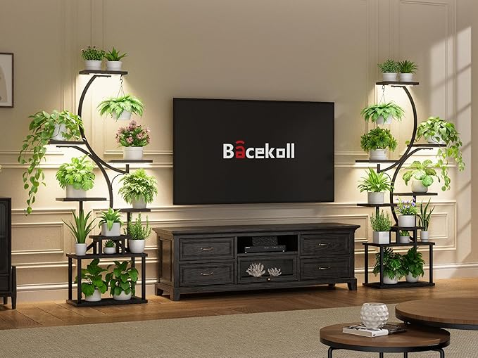 Plant Stand Indoor with Grow Lights - 62" Tall Plant Shelf, Lighted Corner Plant Stands for Indoor Growing, 8 Tiered Large Flower Holder, S-Shaped Plants Rack for Living Room, Patent Design, Black