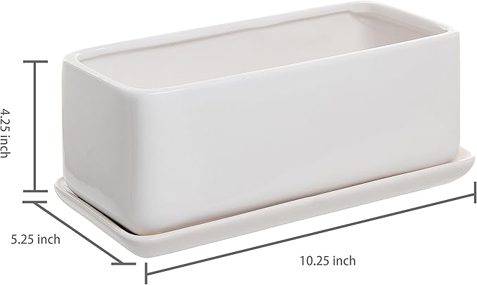 MyGift 10 Inch Modern Unglazed White Ceramic Indoor Plant Pot with Drainage Hole, Rectangular Succulent Planter Window Box with Removable Saucer, 1 Pack