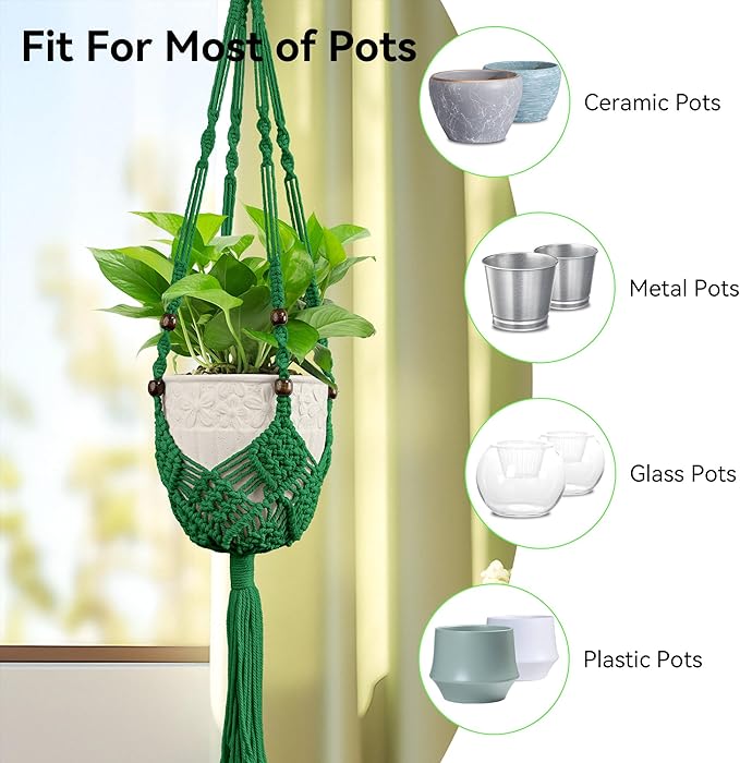 USLAI Macrame Plant Hanger Indoor Outdoor, Fits 3 to 6.5 inch Pots, Hanging Planter Holder with Beads and Tassels, Boho Home Decor, 35+35 Inch, Green (POTS NOT Included)