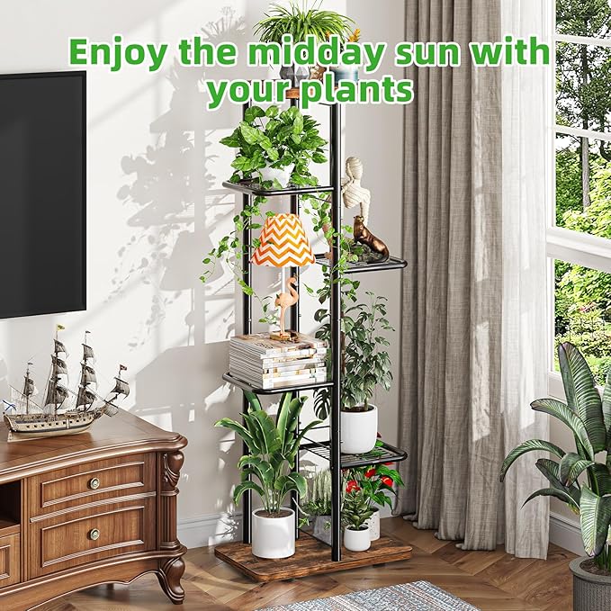 Simple Trending Plant Stand Indoor, Tall 6 Tier Metal Plant Shelf for Multiple Plants, Tiered Flower Pot Stands for Patio Garden Balcony Living Room Bedroom, Brown