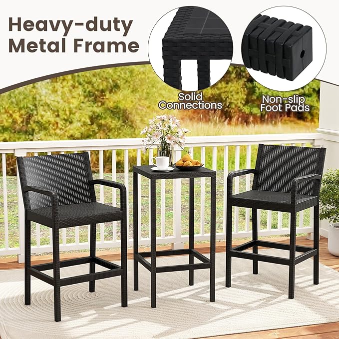 COSTWAY 3 Pieces Patio Bar Set, Modern Outdoor Bistro Set with 2 Chairs and 1 Square Bar Table, Curved Backrest and Armrests, Metal Frame, for Garden, Balcony, Poolside, Black