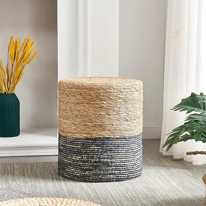 Wimarsbon Round Pouf Ottomans, Handwoven Natural Water Hyacinth Seagrass Pouffe,Outdoor Rattan Stool Accent Seat, Bohemian Coastal Home Decor (2pcs 14inch Natural Cattail-Blue)