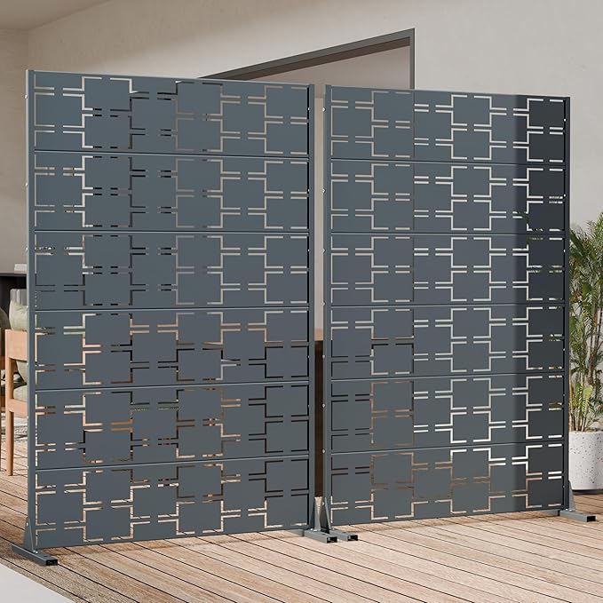 Casaphoria Metal Privacy Screen Outdoor, 72" H x 47" W Freestanding Decorative Privacy Screen for Patio Deck Balcony Garden with Stable Base, Darkgray-Square