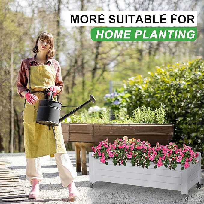 Raised Garden Bed with Wheels, 21 Gallon Self-Watering Outdoor Raised Planter Box with Drainage Plug & Gauge for Vegetables Flowers Herbs, Rustproof Resin for Backyard Patio Porch (Ashen)
